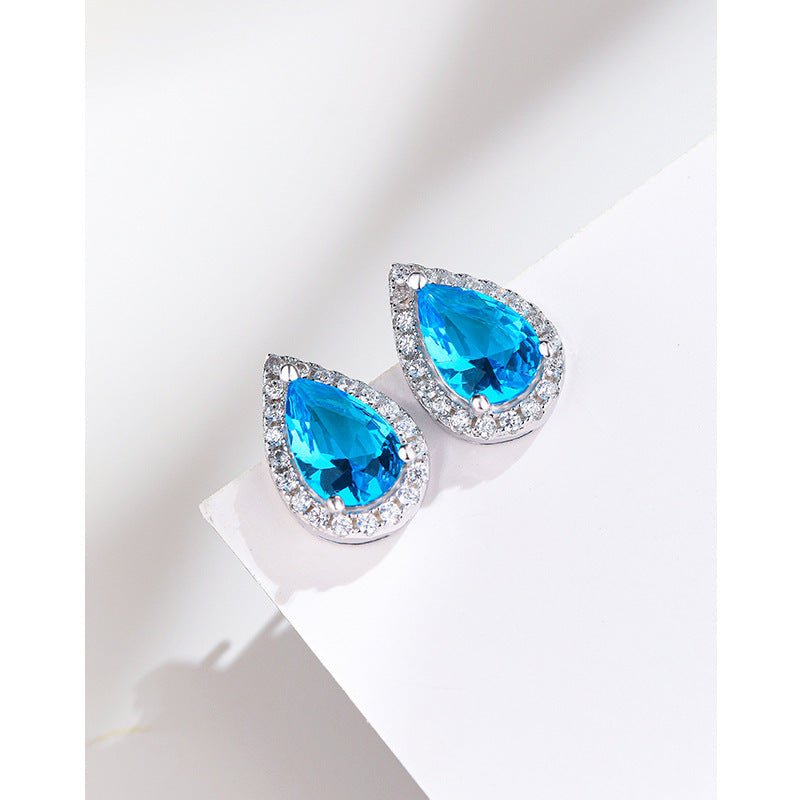 Water Drop Sea Blue Zirconium Stud Earrings - AmiraMart