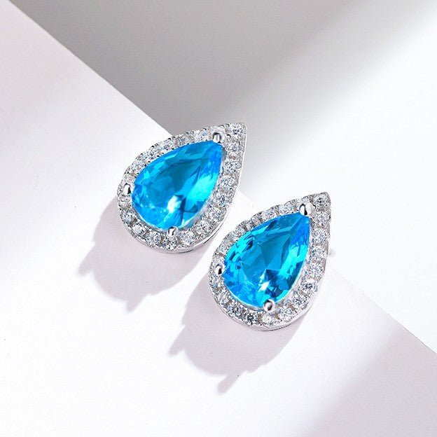 Water Drop Sea Blue Zirconium Stud Earrings - AmiraMart