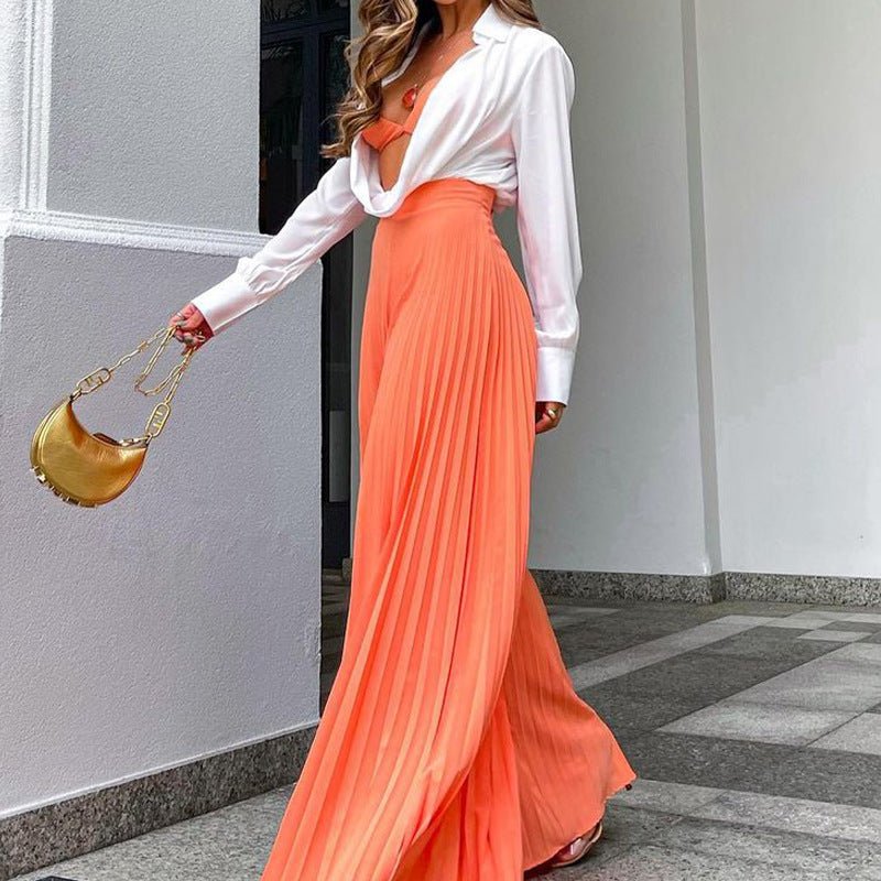 Wide - Leg Pleated Pants | European American Long Trousers - AmiraMart