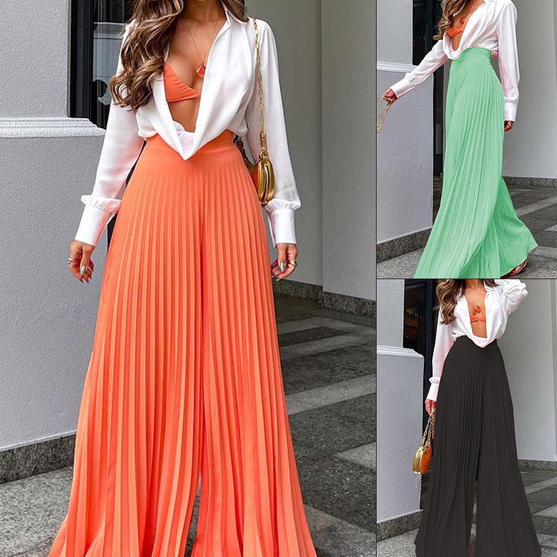 Wide - Leg Pleated Pants | European American Long Trousers - AmiraMart