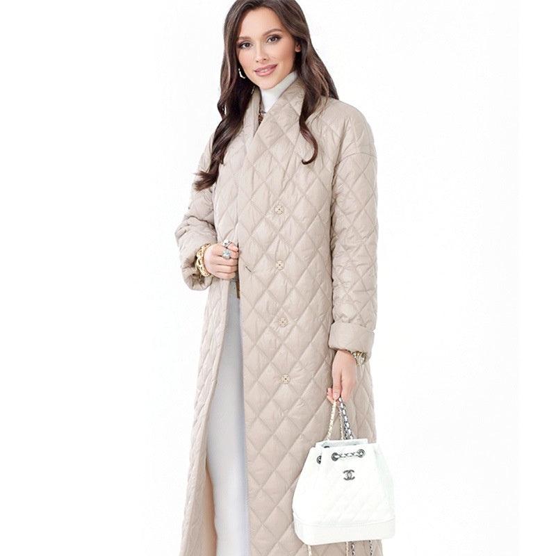 Winter Slim - fit Lace Up Lapel Long Sleeve Plaid Long Coat - AmiraMart