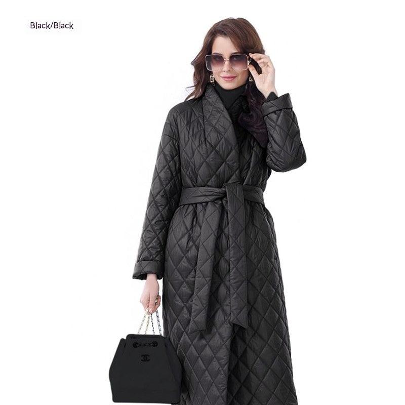 Winter Slim - fit Lace Up Lapel Long Sleeve Plaid Long Coat - AmiraMart