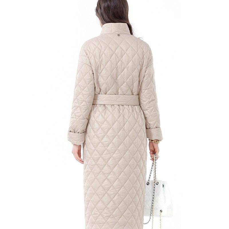 Winter Slim - fit Lace Up Lapel Long Sleeve Plaid Long Coat - AmiraMart