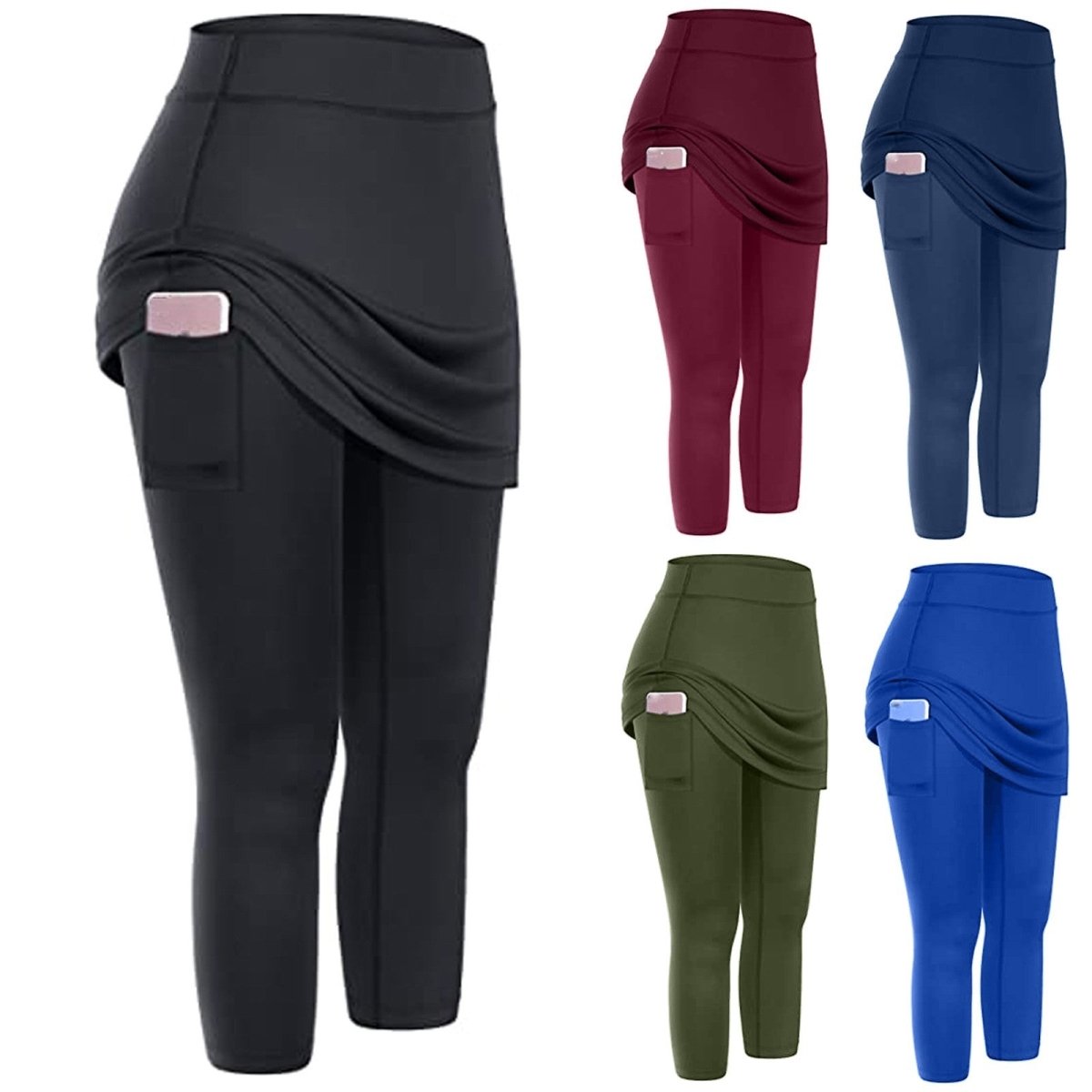 Women Tennis Skirted Leggings Pockets Elastic Sports Yoga Capris Skirts Legging - AmiraMart