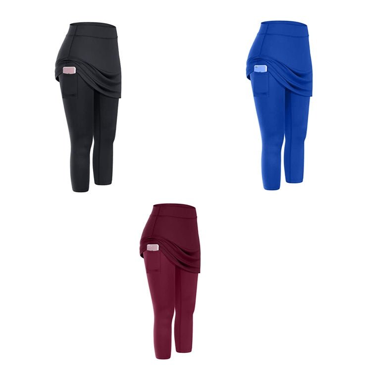 Women Tennis Skirted Leggings Pockets Elastic Sports Yoga Capris Skirts Legging - AmiraMart