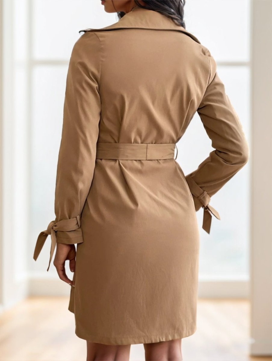 Women's Apricot Solid Color Lapel Neck Long - Sleeved Suspenders Double - Breasted - AmiraMart
