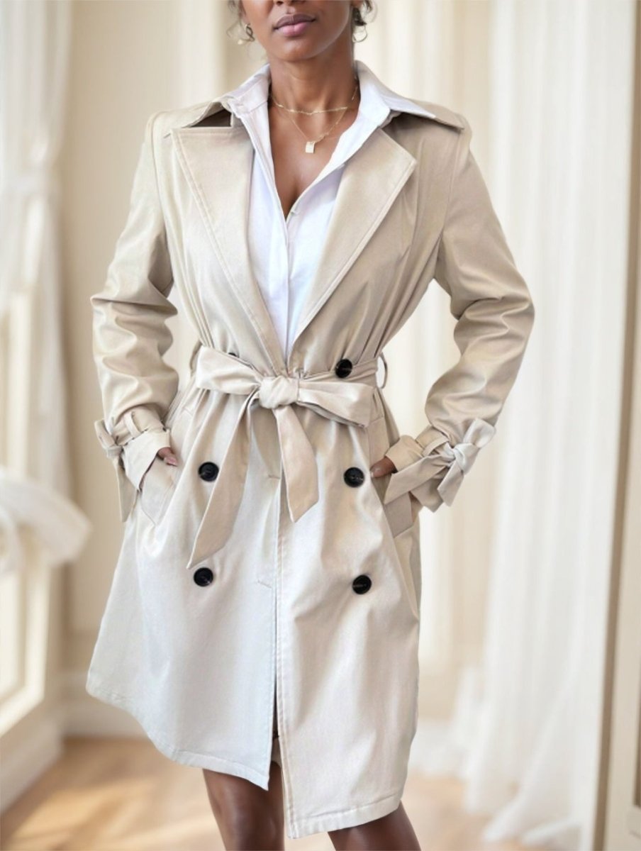 Women's Apricot Solid Color Lapel Neck Long - Sleeved Suspenders Double - Breasted - AmiraMart