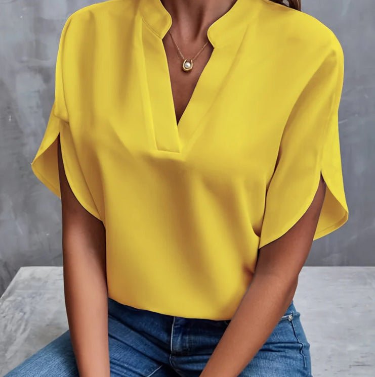 Women’s Chiffon Shirt – V - Neck Short Sleeve Summer Top - AmiraMart