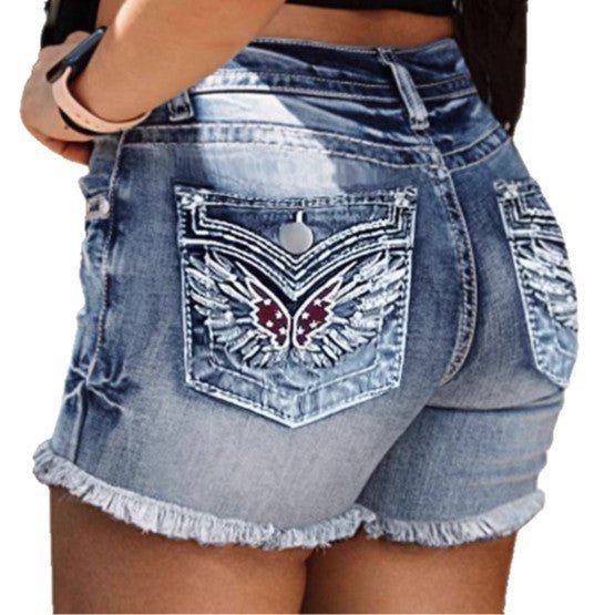 Women's Denim Shorts Embroidery Design Washed Frayed Hem - AmiraMart