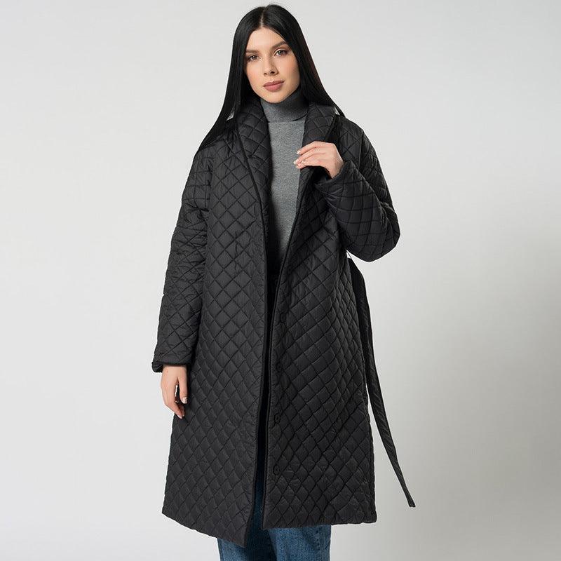 Women's Diamond Plaid Fitted Waist Cotton - padded Coat - AmiraMart