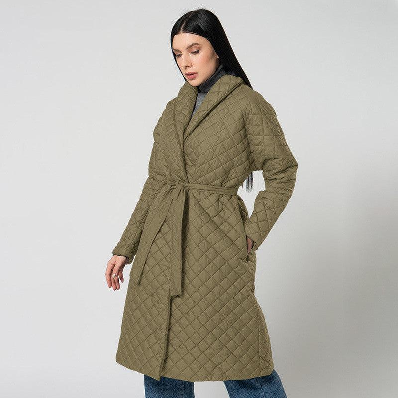 Women's Diamond Plaid Fitted Waist Cotton - padded Coat - AmiraMart