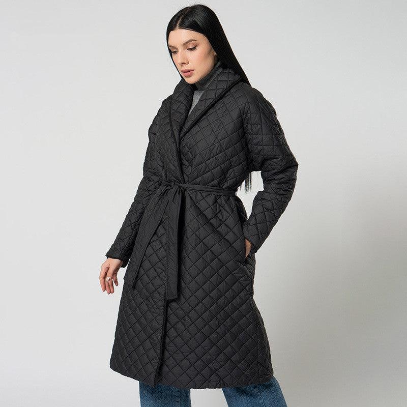Women's Diamond Plaid Fitted Waist Cotton - padded Coat - AmiraMart