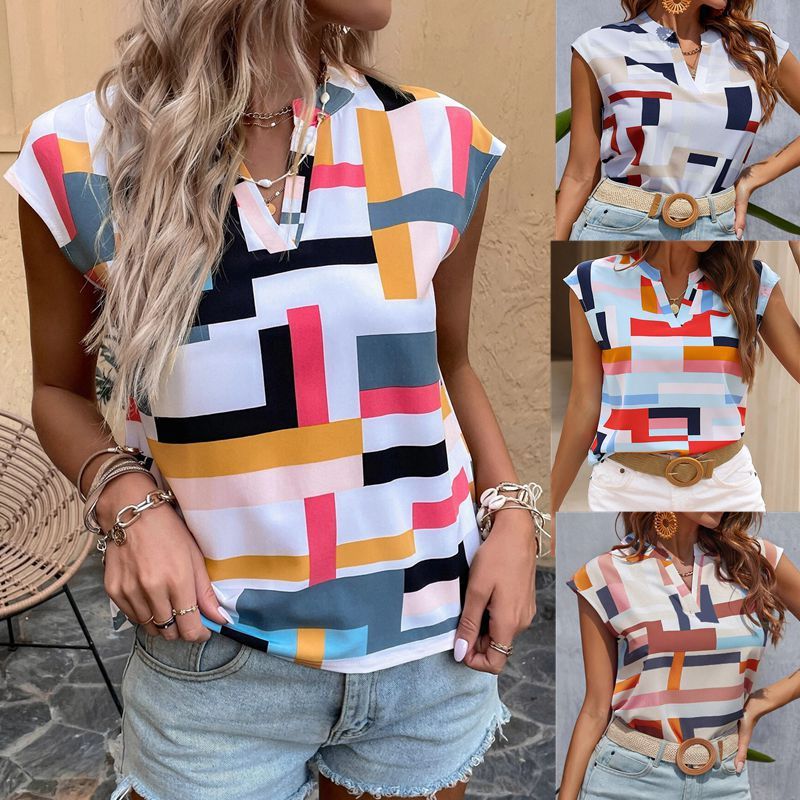 Women's Digital Print Doll Sleeve V - Neck Top - AmiraMart