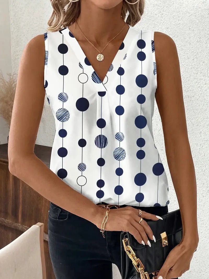 Women's Elegant Black And White Polka Dot Sleeveless V - neck Top - AmiraMart