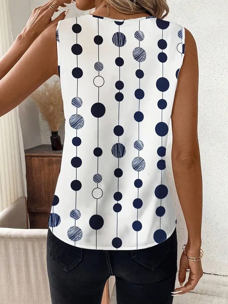 Women's Elegant Black And White Polka Dot Sleeveless V - neck Top - AmiraMart