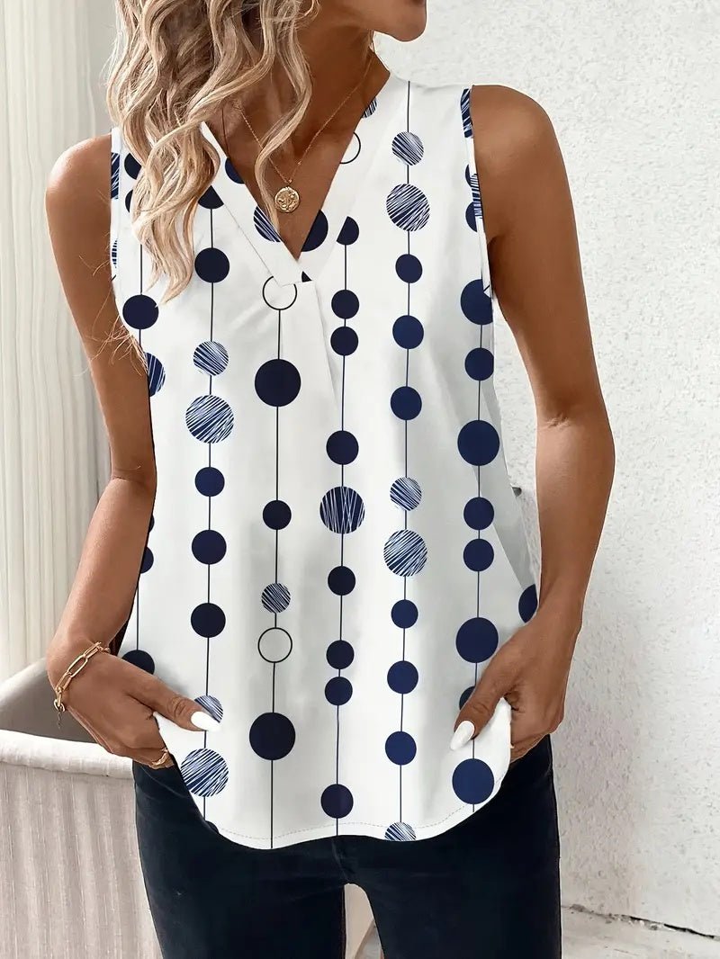 Women's Elegant Black And White Polka Dot Sleeveless V - neck Top - AmiraMart