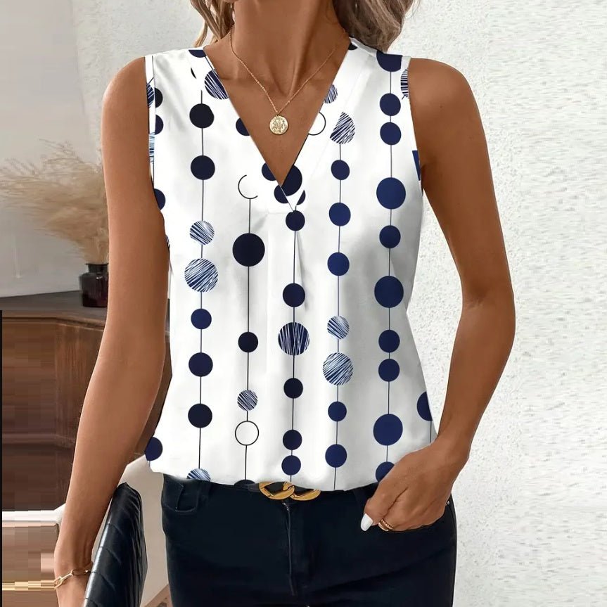Women's Elegant Black And White Polka Dot Sleeveless V - neck Top - AmiraMart