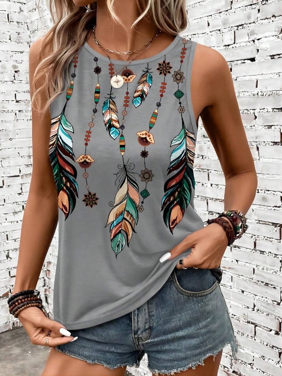 Women's Feather Print Vest Summer Print - AmiraMart