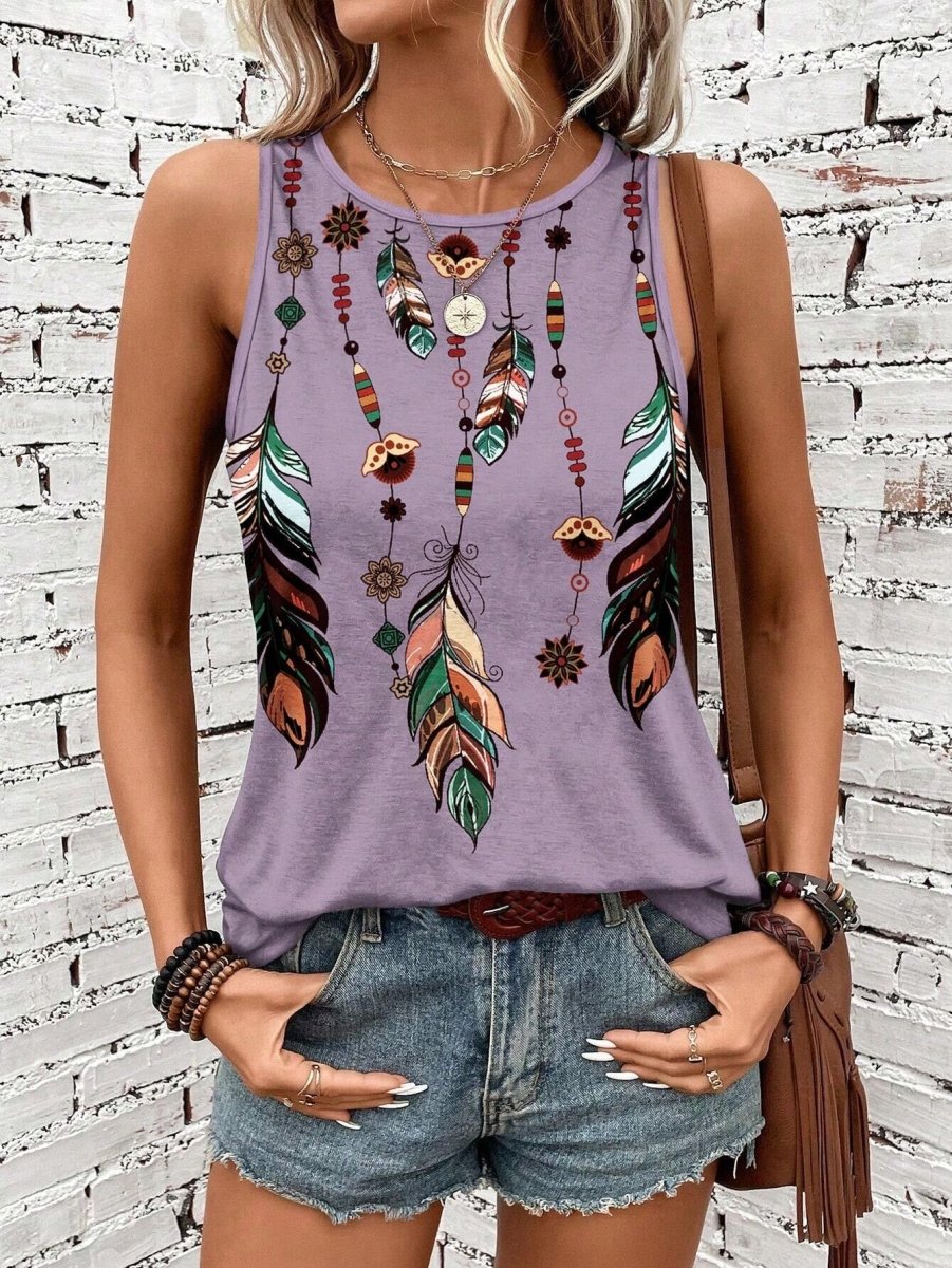 Women's Feather Print Vest Summer Print - AmiraMart