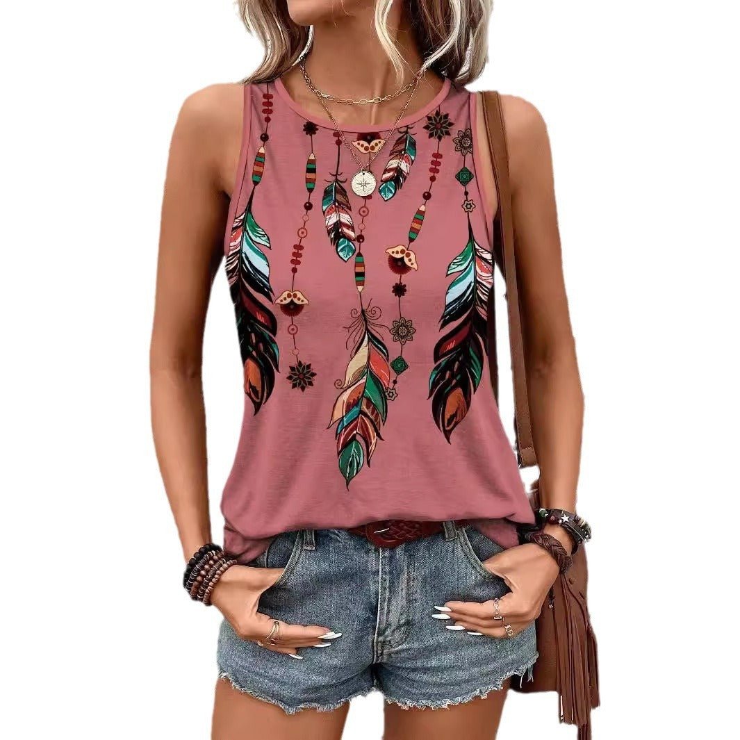 Women's Feather Print Vest Summer Print - AmiraMart