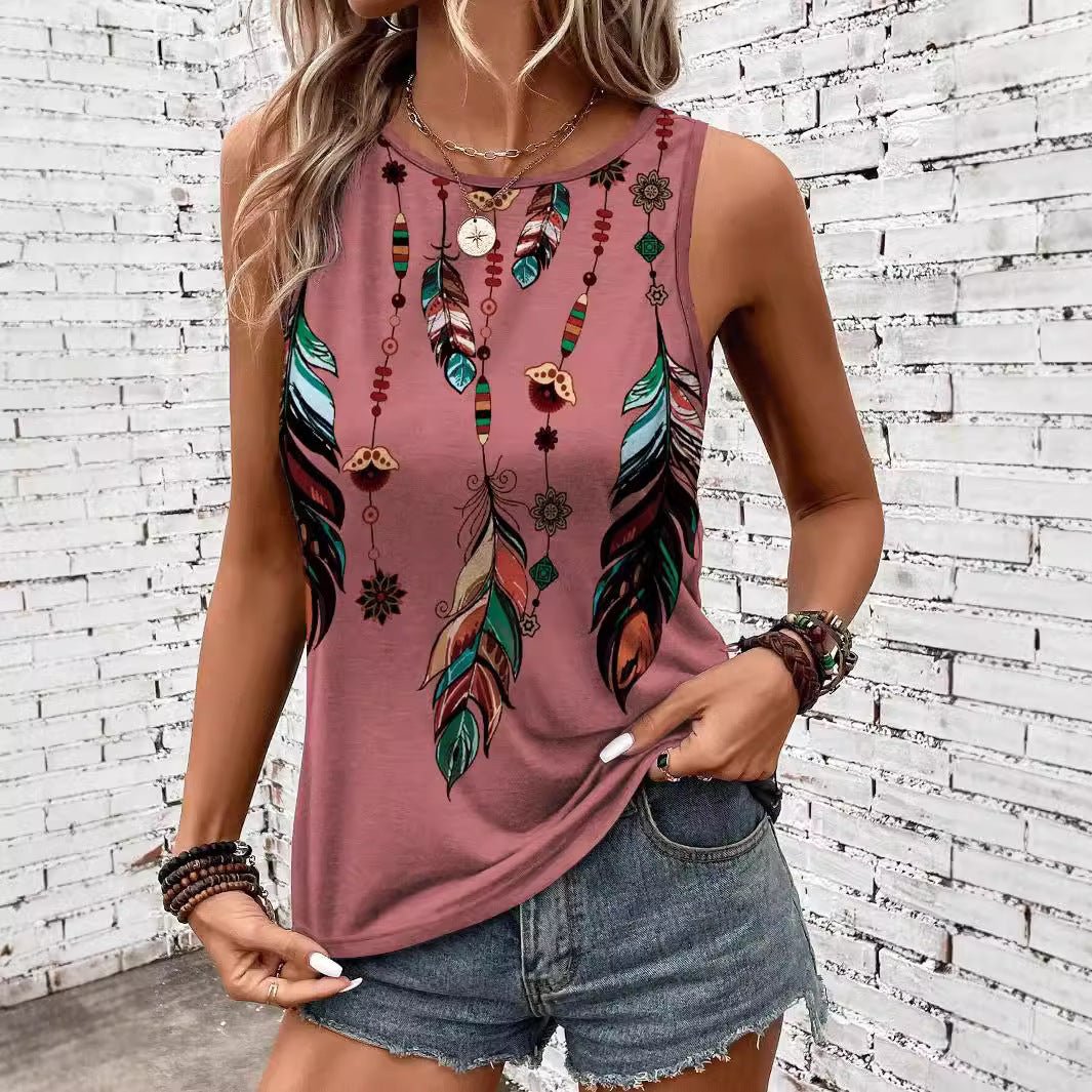 Women's Feather Print Vest Summer Print - AmiraMart