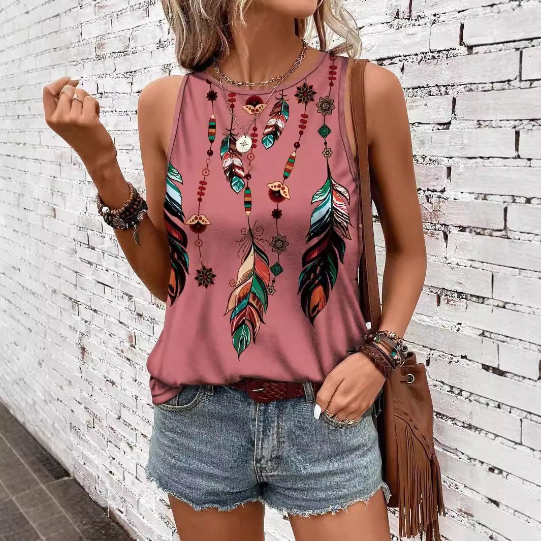 Women's Feather Print Vest Summer Print - AmiraMart