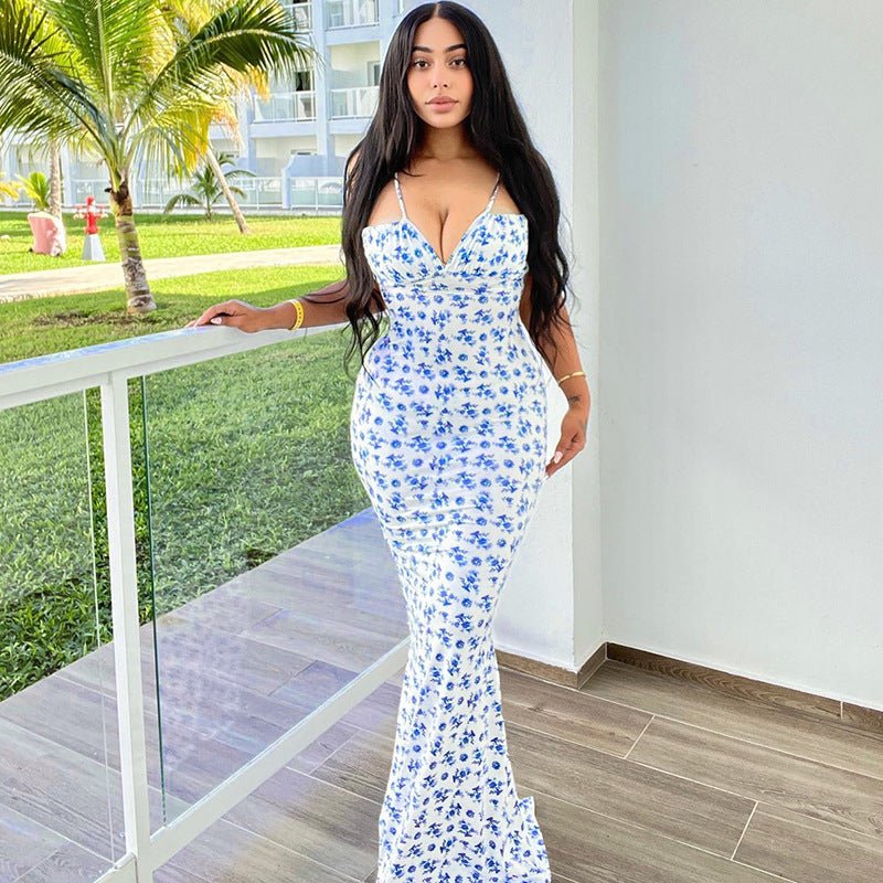 Women's Floral Print Suspender Lace - Up Backless Long Dress - AmiraMart