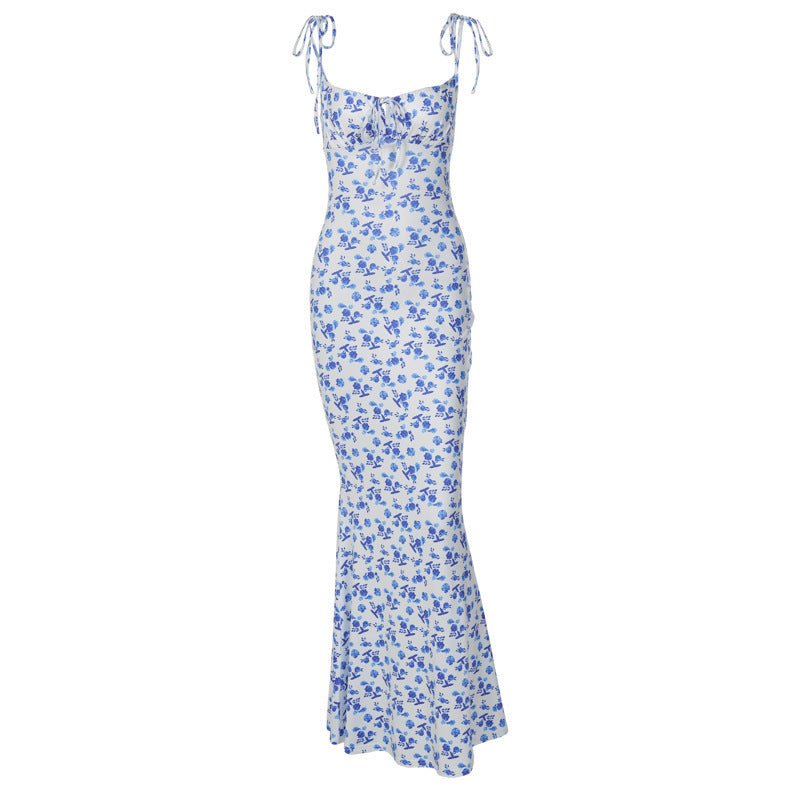 Women's Floral Print Suspender Lace - Up Backless Long Dress - AmiraMart