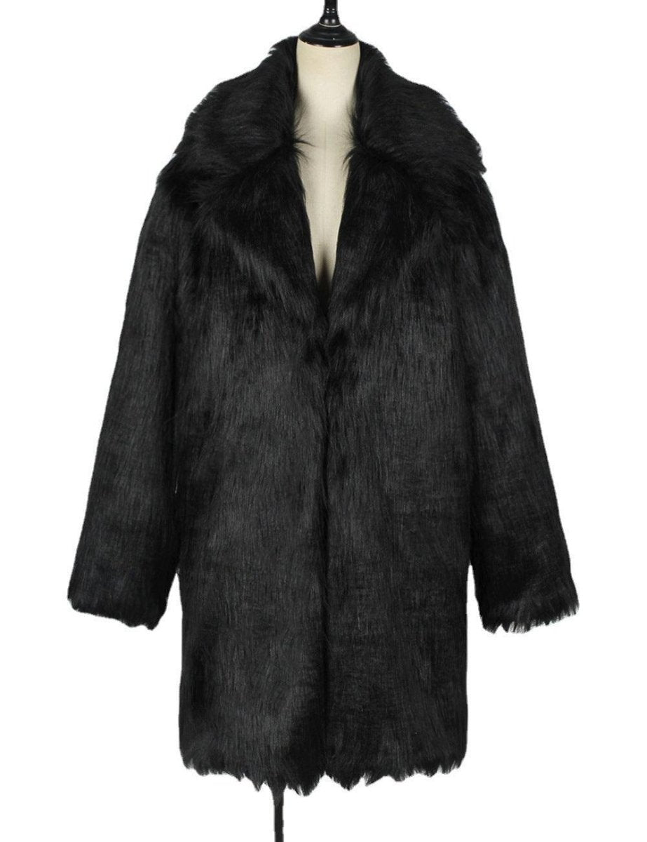 Women's Long Faux Fox Fur Suit Collar Coat - AmiraMart