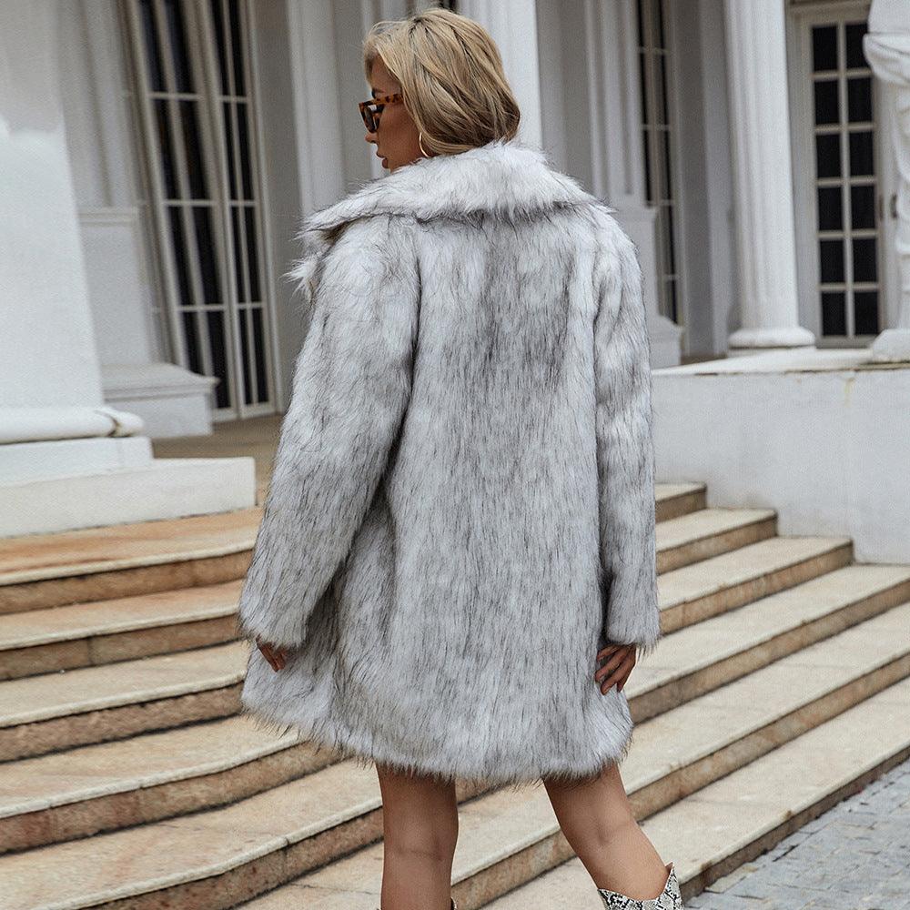 Women's Long Faux Fox Fur Suit Collar Coat - AmiraMart