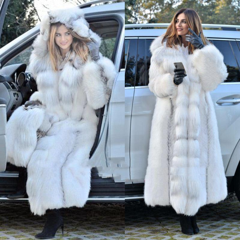 Women's Long Style White Long Fur Coat - AmiraMart