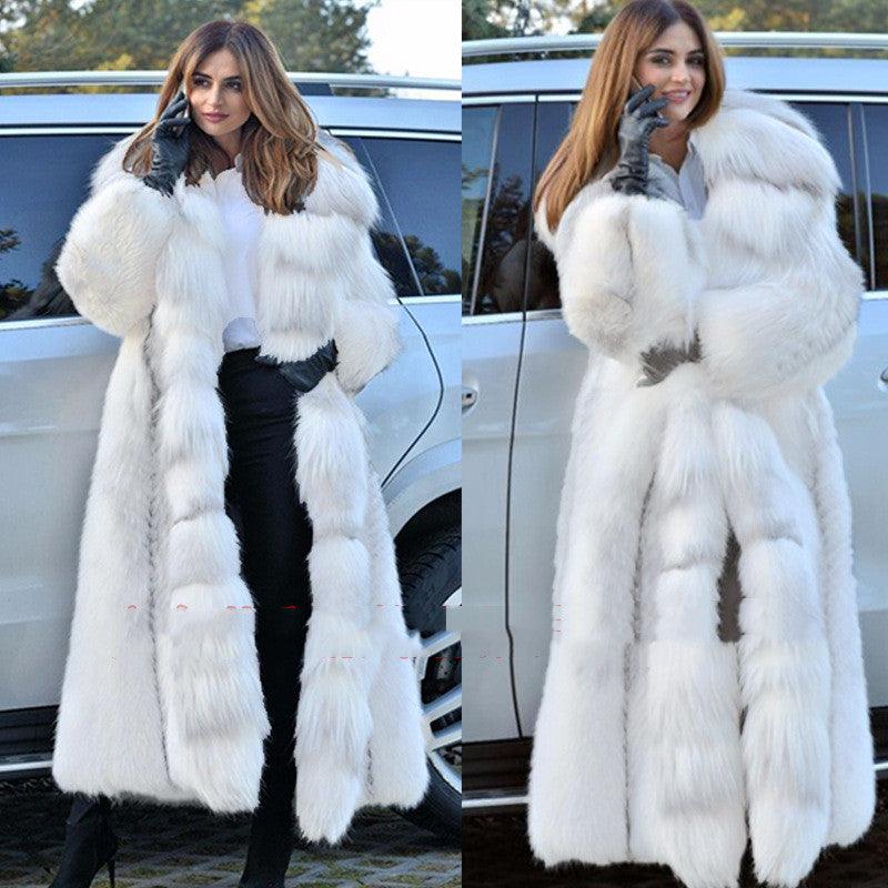 Women's Long Style White Long Fur Coat - AmiraMart