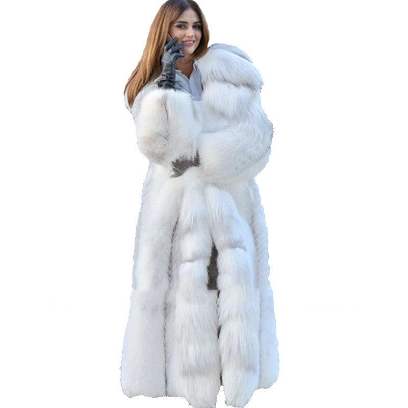 Women's Long Style White Long Fur Coat - AmiraMart