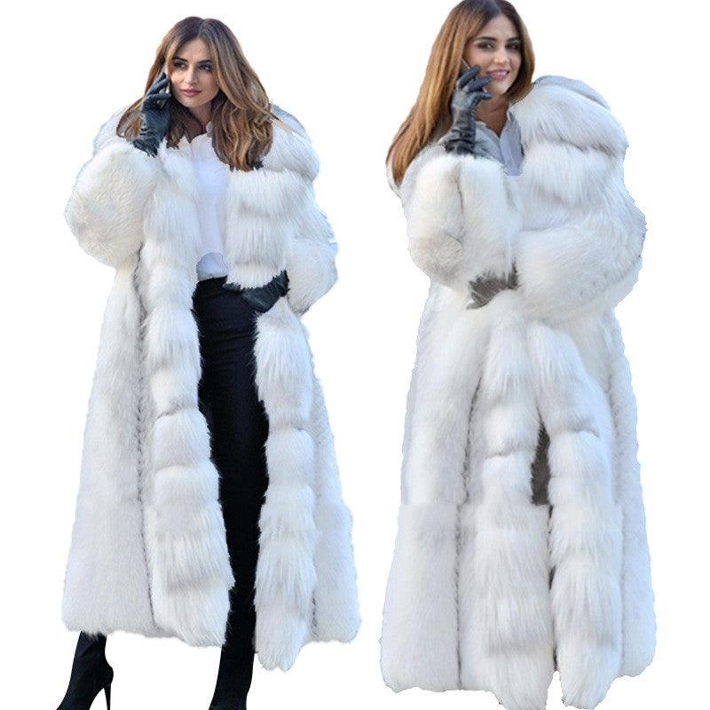 Women's Long Style White Long Fur Coat - AmiraMart