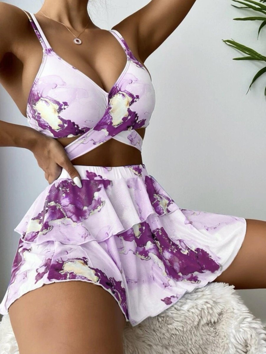 Women's Marble Printed Three - piece Set Bikini - AmiraMart