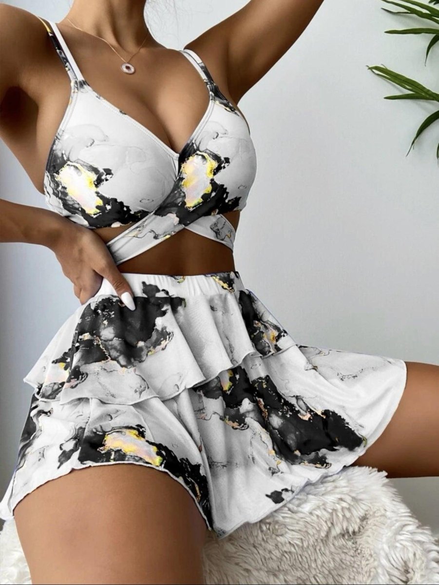 Women's Marble Printed Three - piece Set Bikini - AmiraMart