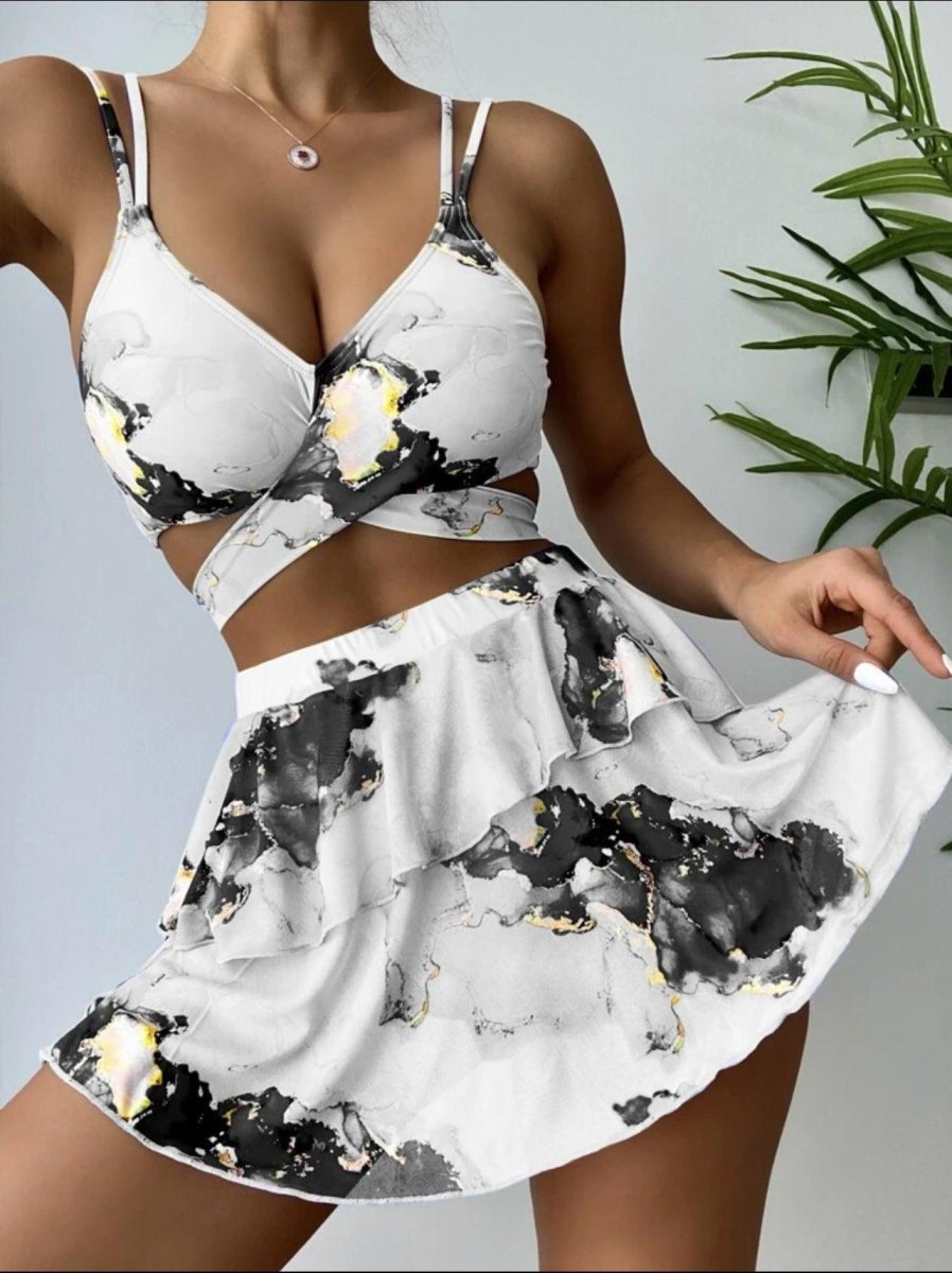 Women's Marble Printed Three - piece Set Bikini - AmiraMart