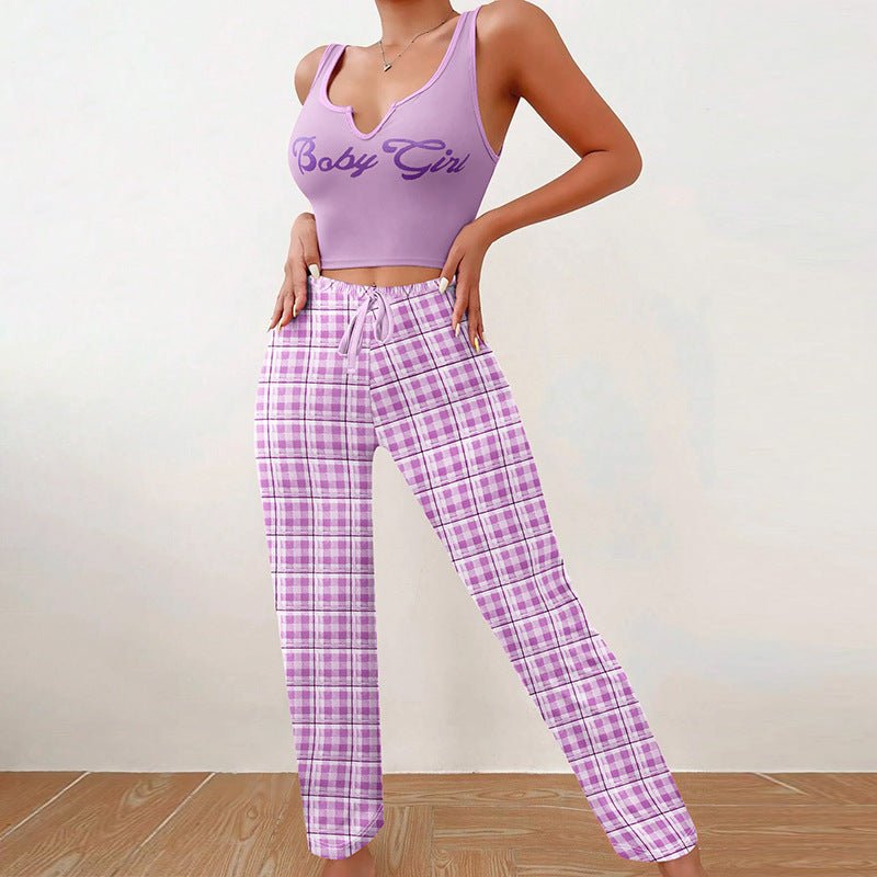 Women’s Pajama Set – Plaid Pants & Letter Print Top - AmiraMart