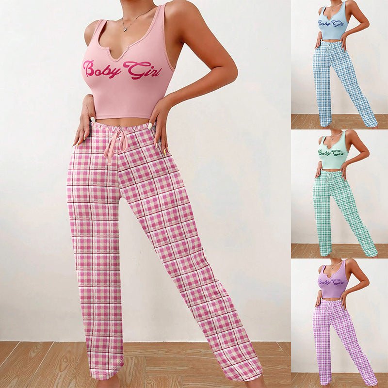 Women’s Pajama Set – Plaid Pants & Letter Print Top - AmiraMart