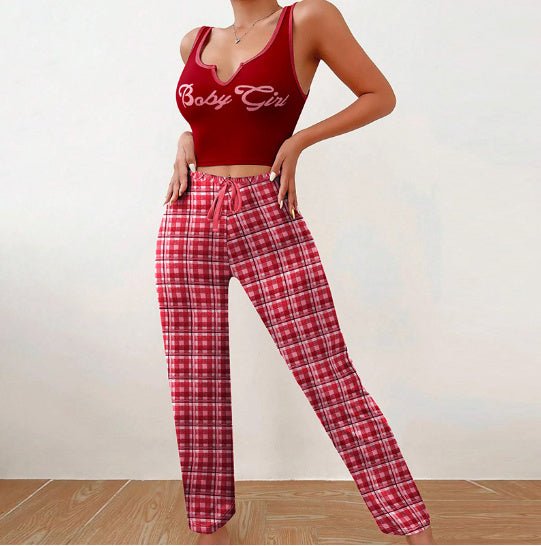 Women’s Pajama Set – Plaid Pants & Letter Print Top - AmiraMart