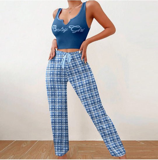 Women’s Pajama Set – Plaid Pants & Letter Print Top - AmiraMart