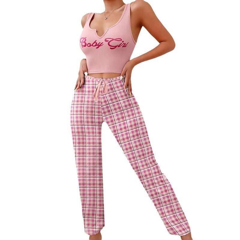 Women’s Pajama Set – Plaid Pants & Letter Print Top - AmiraMart