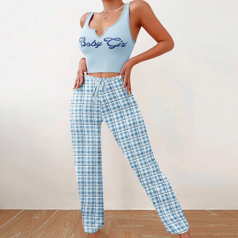 Women’s Pajama Set – Plaid Pants & Letter Print Top - AmiraMart