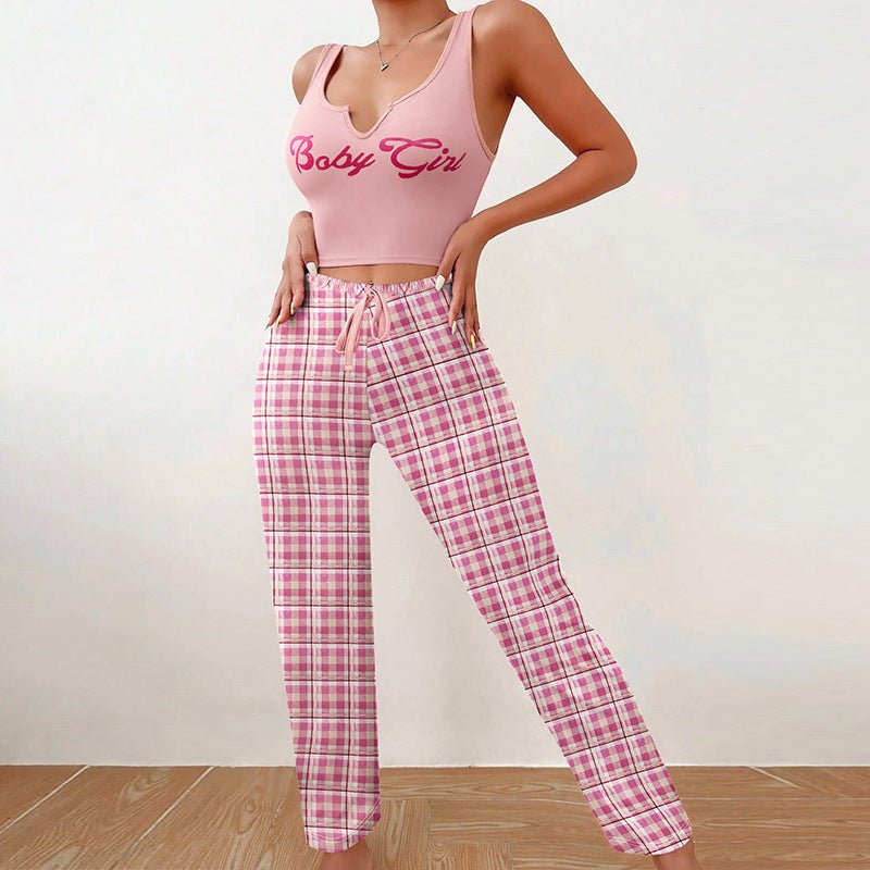 Women’s Pajama Set – Plaid Pants & Letter Print Top - AmiraMart