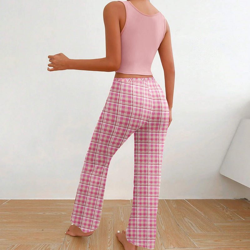 Women’s Pajama Set – Plaid Pants & Letter Print Top - AmiraMart