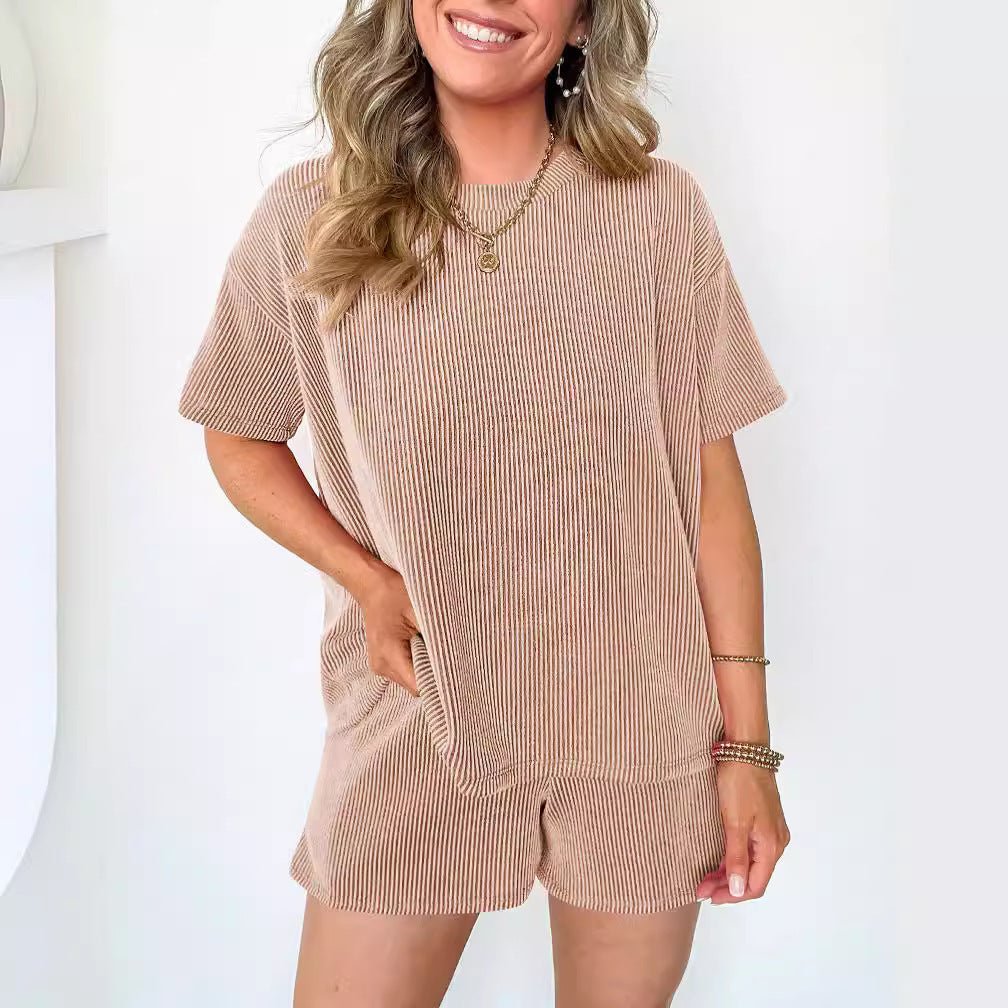 Women's Short - sleeved Wavy Round Neck Two - piece Suit - AmiraMart