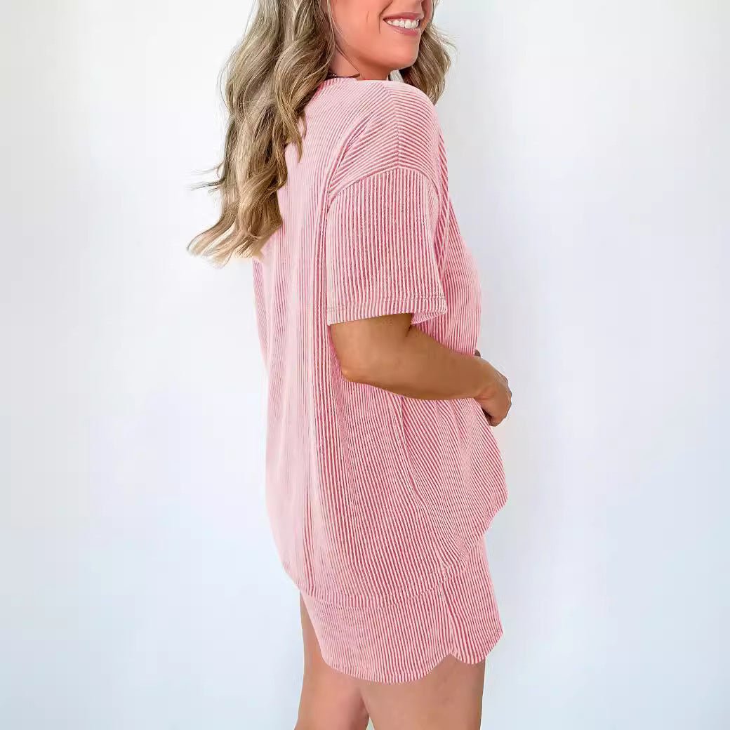Women's Short - sleeved Wavy Round Neck Two - piece Suit - AmiraMart