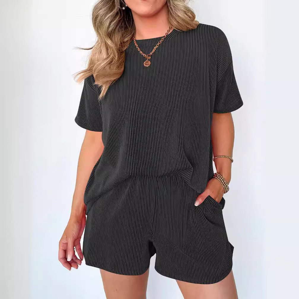 Women's Short - sleeved Wavy Round Neck Two - piece Suit - AmiraMart