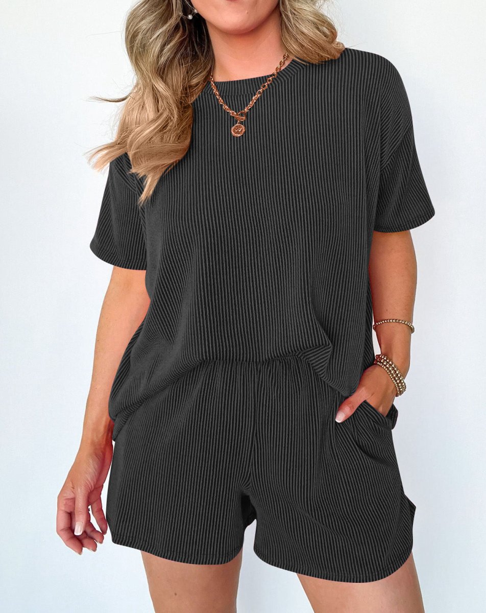 Women's Short - sleeved Wavy Round Neck Two - piece Suit - AmiraMart