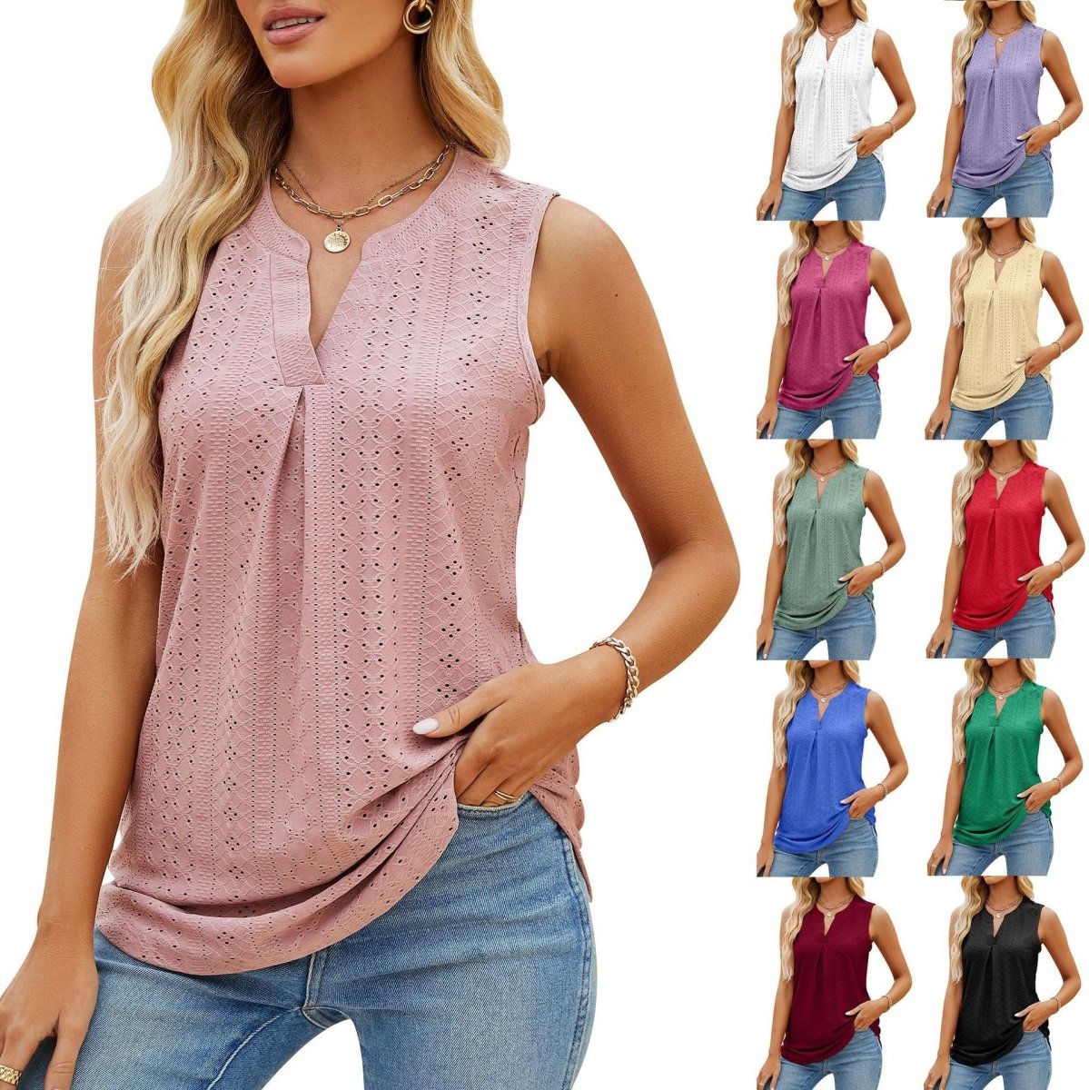 Women's Sleeveless Hole V - Neck Slim Fit Tank Top - AmiraMart